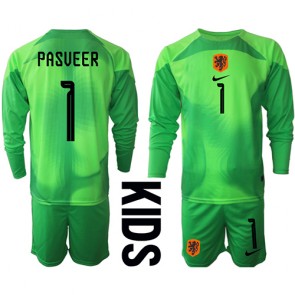 Netherlands Remko Pasveer #1 Goalkeeper Replica Home Stadium Kit for Kids World Cup 2022 Long Sleeve (+ pants)